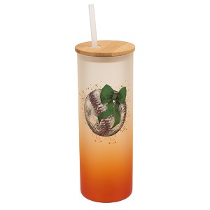 Elanze Designs 25 Ounce Frosted Glass Gradient Travel Tumbler With Straw and Wooden Lid, Baseball With Green Bow Orange - 1 of 1