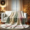 1pc Contemporary Style Christmas Flannel Blanket, Winter Pine Tree & Snowflake Design, Green & Golden with Pink Accents. - 2 of 4