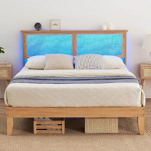 WhizMax Full Size Bed Frame with Rattan Square Headboard and LED Lights, Oak Full Size Rattan Bed Frame with Wooden Slats Support, Mattress Foundation - 1 of 4