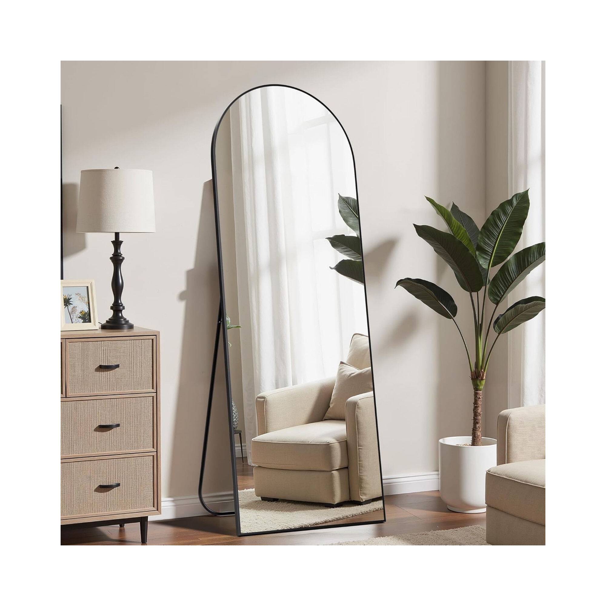 BEAUTYPEAK 64"x 21.1" Arched Full Length Standing Full Body Floor Mirror, Black