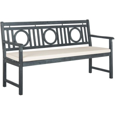 Ash Grey Beige Acacia Wood 3-Seat Bench with Cushion