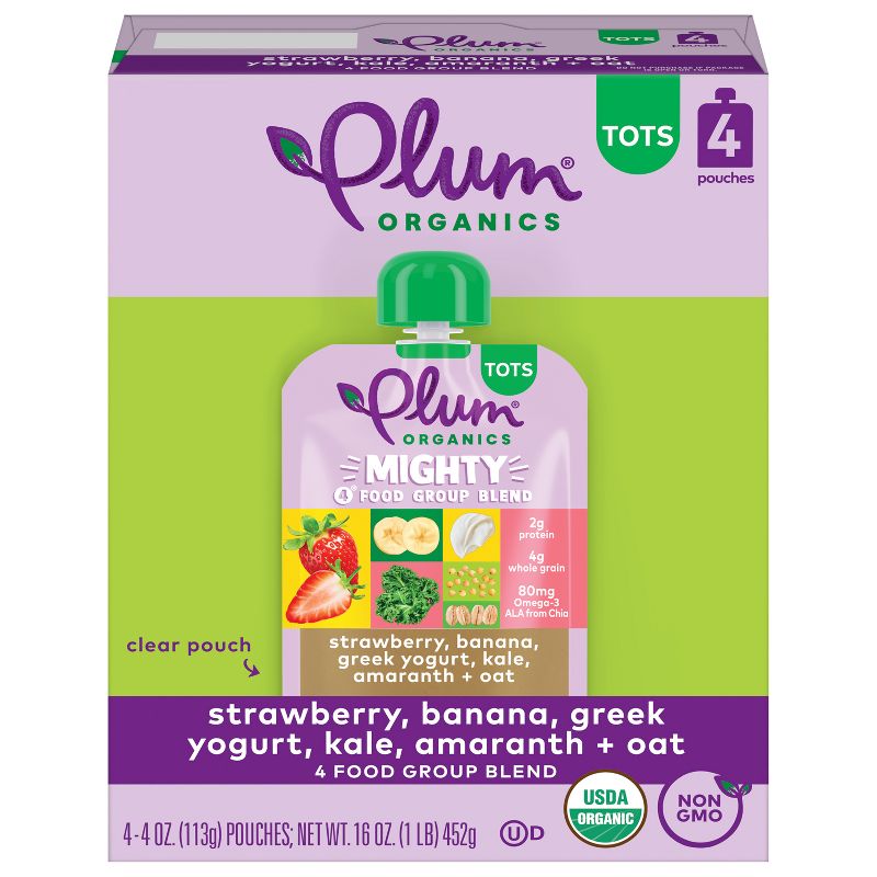 Plum Organics Toddler Food Mighty 4 - Strawberry Banana Greek Yogurt Kale Amaranth Oat - 4oz/4ct, 1 of 13
