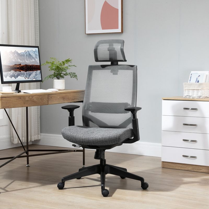 Vinsetto Mesh Fabric Home Office Task Chair with High Back, Adjustable Seat, Recline, Headrest and Lumbar Support, Gray, 3 of 9