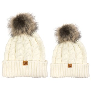 Wrapables Cable Knit Faux Fur Pom Pom Beanie, Mommy & Me Set Cream - 1 of 4