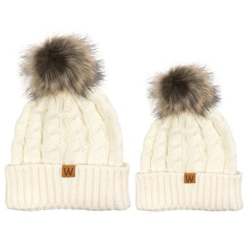 Wrapables Cable Knit Faux Fur Pom Pom Beanie, Mommy & Me Set Cream - image 1 of 4