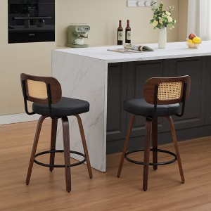 Gulches Set of 2 Walnut Black Counter Height Bar Stools 26 Inches Swivel Cane Back Upholstered Seat Kitchen Island Bar - 1 of 4