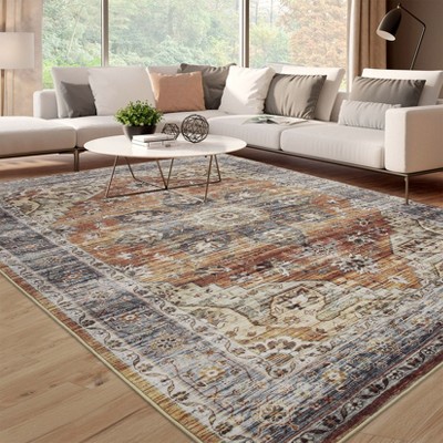 Machine Washable Area Rug Non Slip Non Shedding Rug Boho Vintage Low Pile Carpet Foldable Stain Resistant Rugs for Bedroom Living Room Guest Room