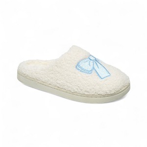 Aéropostale Women’s Fuzzy Pile High Fleece Bow Mule Slippers – Ivory Slip-On House Shoes with Light-Blue Embroidered Bow - 1 of 4