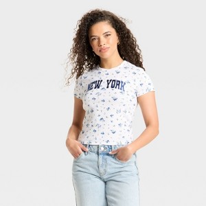 Women's New York Floral Pointelle Short Sleeve Graphic Baby T-Shirt - Off-White - 1 of 3