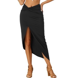 Allegra K Women's Slit Front Irregular Ruched Elastic High Waist Solid Midi Skirt - 1 of 4