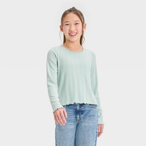 Girls' Long Sleeve Lace Trim T-shirt - Art Class™ Mint Green M : Target