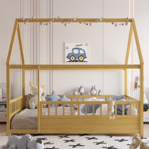 Lyngins Kids' Floor Bed Frame with Wooden House Roof & High Fence Guardrails, Pine Wood Twin Size Toddler Bed/Child Bed, Easy Assembly - 1 of 4