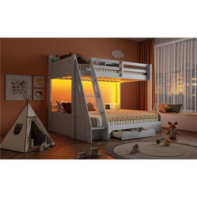 NicBex Twin/Full Wooden Bunk Bed with LED Lights,Drawer&Step Ladder,Heavy Duty Bunk Beds Noise-Reduced Bed Frame for Teens&Adults,350/550lbs Max