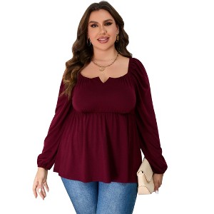 Coolmee Womens Plus Size Peplum Tops Puff Long Sleeve Square Neck Blouse Ruffle Hem Pullover Babydoll Top - 1 of 4