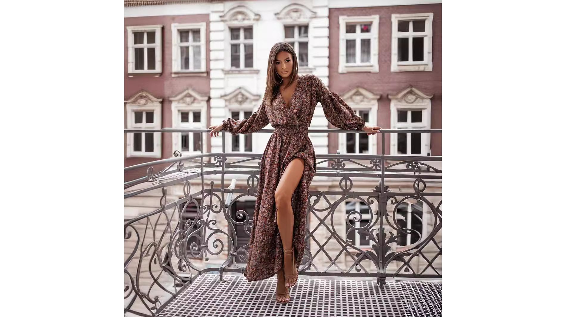 Coolmee Women's Maxi Dresses Wrap Deep V Neck Long Sleeve Floral Print Casual Dresses Slit Elastic Waist A Line Flowy Maxi Dresses