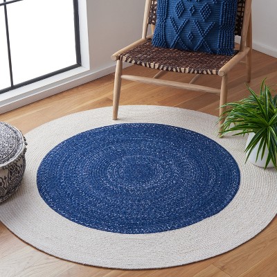 Handwoven Navy and Ivory Synthetic Braided Round Rug, 6'