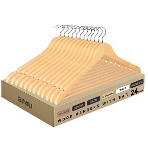 BP4U Premium Wooden Hangers with Non-Slip Pant Bar, Heavy Duty Coat Hangers with 360° Swivel Hook for Jackets, Shirts, Dresses - 1 of 4