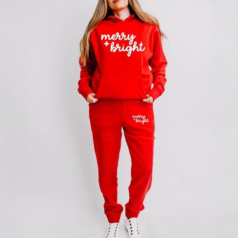 Simply Sage Market Women s Merry and Bright Bold Cursive Graphic Sweatpants and Hoodie Set XL Red