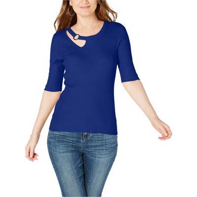 I.N.C International Concepts Womens Hardware-Embellished Pullover Sweater, Blue, Large
