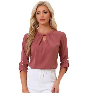 INSPIRE CHIC Women's Work Office Keyhole Pleated Front Ruched 3/4 Sleeve Chiffon Blouse - 1 of 4