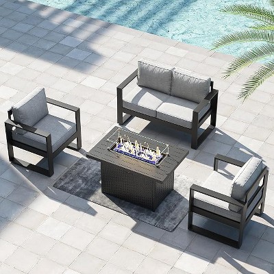 LayinSun 4 Pieces Aluminum Outdoor Patio Furniture Set, Metal Modern Conversation Sofa Set with Fire Pit Table and Washable Thick Cushions