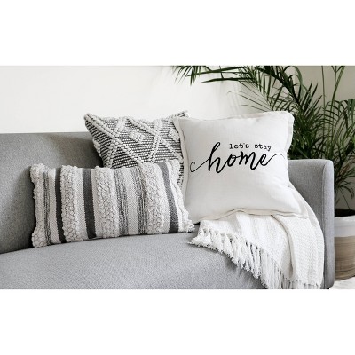 Gray and White Embroidered Cotton-Polyester Square Pillow Cover