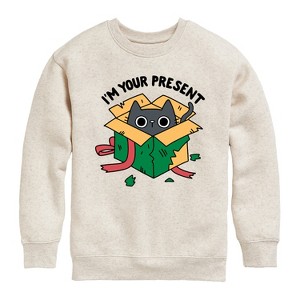 Boys' - Instant Message - Cat Christmas Present Graphic Long Sleeve Fleece Sweatshirt - 1 of 4