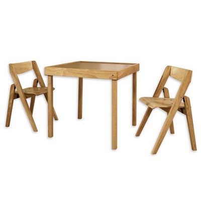 MECO Stackmore Juvenile Children's Folding 3 Piece Natural Wooden Table and Chair Furniture Set with No Pinch Points for Kids Ages 3 and Up