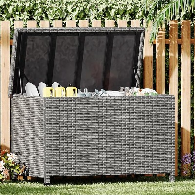 110 Gallon Deck Box with Handles and Wheels, Outdoor Garden Deck Box, PE Rattan Wicker Patio Large Storage Box, for Patio Furniture, Gray