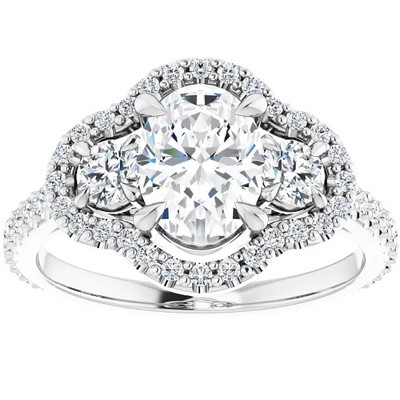 Pompeii3 1 3/4 Ct Three Stone Halo Diamond & Oval Moissanite Engagement Ring White Gold