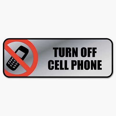 Cosco Brushed Metal Office Sign Turn Off Cell Phone 9 x 3 Silver/Red 098211