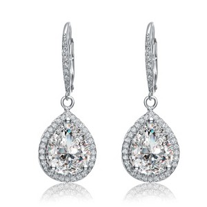 Guili Pear Halo Radiance Earrings: Vintage elegance in white gold-plated teardrop design. Cubic zirconia dazzles with timeless sparkle. - 1 of 3