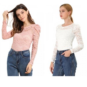 INSPIRE CHIC Women's Vintage Semi-Sheer Puff Long Sleeve Embroidery Lace Floral Blouse 2 Packs - 1 of 4