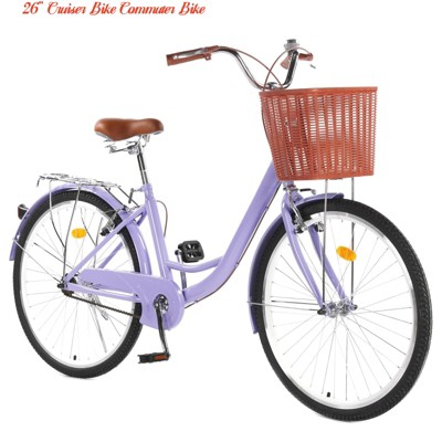24" & 26" Cruiser Bike Commuter Bike Beach Cruiser w/ Ergonomic Upright Design, w/Basket & Adjustable Seat