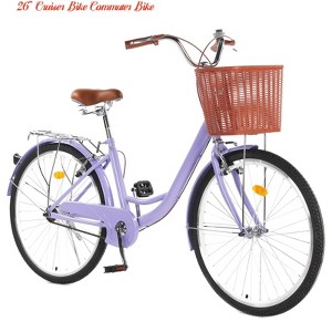 24" & 26" Cruiser Bike Commuter Bike Beach Cruiser w/ Ergonomic Upright Design, w/Basket & Adjustable Seat - 1 of 4