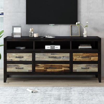 VYNXARIA Retro Distressed Wooden TV Stand for TVs up to 65 Inches,Entertainment Center Media Console with 6 Drawers and 3 Shelves,Black