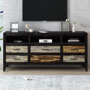 64"W Retro TV Stand TV Console Entertainment Center Media Console TV Cabinet with 6 Drawers and 3 Shelves for TVs Up to 65", Brown/Black-ModernLuxe - 1 of 4