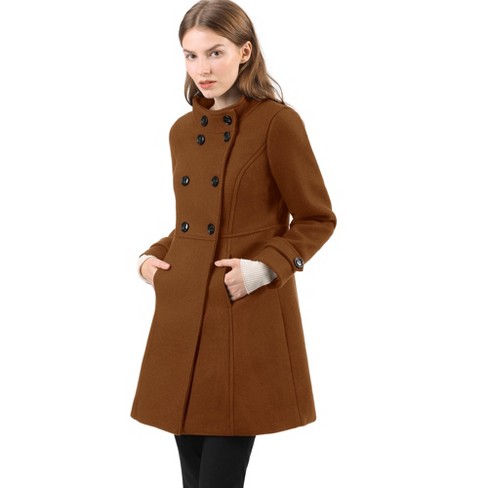 Allegra K Women's Stand Collar Double Breasted Slant Pockets Trendy Outwear  Winter Coat Deep Brown Medium