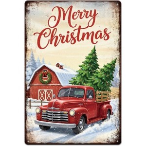 Lomsoe Christmas Truck Metal Tin Sign 8x12in "Merry Christmas" Vintage Painting Tin Signs Wall Poster Plaque Christmas Gift - 1 of 4