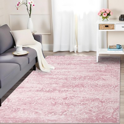 Washable Area Rug for Living Room, Soft Vintage Distressed Boho Damask Carpet, Large Non-Slip Accent Rug for Bedroom Dining Room Indoor Floor Decor