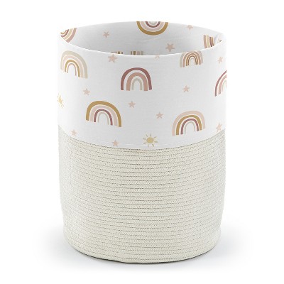 Image of Sweet Jojo Designs Woven Cotton Rope Laundry Hamper Decorative Storage Basket Boho Rainbow Pink Tan and Yellow