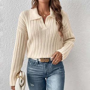 Womens Knit Sweaters Fall Long Sleeve Lapel V Neck Sweater Pullover Polo Shirts Casual Loose Soft Jumper Top Fashion Outfits - 1 of 4