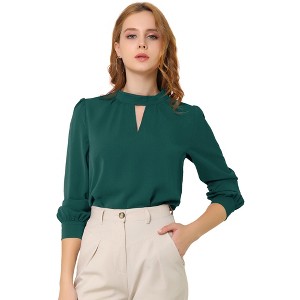 INSPIRE CHIC Women's Office Keyhole Elegant Stand Collar Long Sleeve Back Neck Button Blouse - 1 of 4