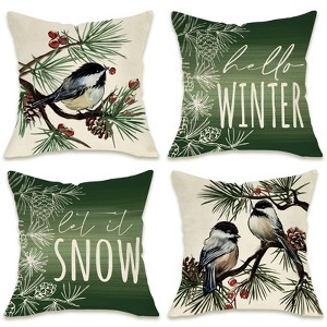 Hello Winter Green Decorative Throw Pillow Covers 18 x 18 Set of 4, Chickadee Pine Needle Branch - 1 of 4