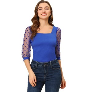 INSPIRE CHIC Women's Retro Square Neck Slim Fit Semi Sheer 3/4 Mesh Sleeve Top - 1 of 4