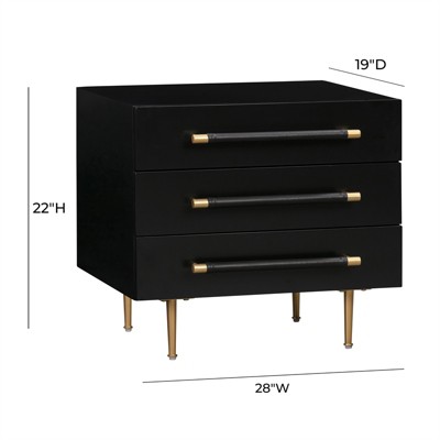 Trident Black Acacia Wood 3-Drawer Nightstand with Brass Accents