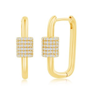 Bella Silver Sterling Silver Micro Pave CZ Oval Carabiner Paperclip Earrings - Gold Plated - Gold - 1 of 2