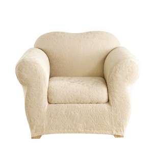 Stretch Jacquard Damask Chair Slipcover Oyster - Sure Fit - 1 of 3