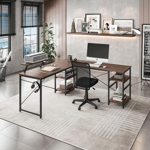 HDZNVF L-Shape Industrial Desk with Storage Shelves, Walnut - 1 of 4