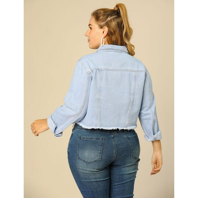 Agnes Orinda Women's Plus Size Washed Ripped Distressed Cropped Frayed Denim Jacket, 6 of 8
